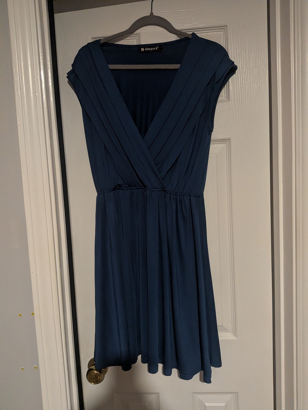 Allegra K Teal-Blue Pleated V-Neck Midi Dress